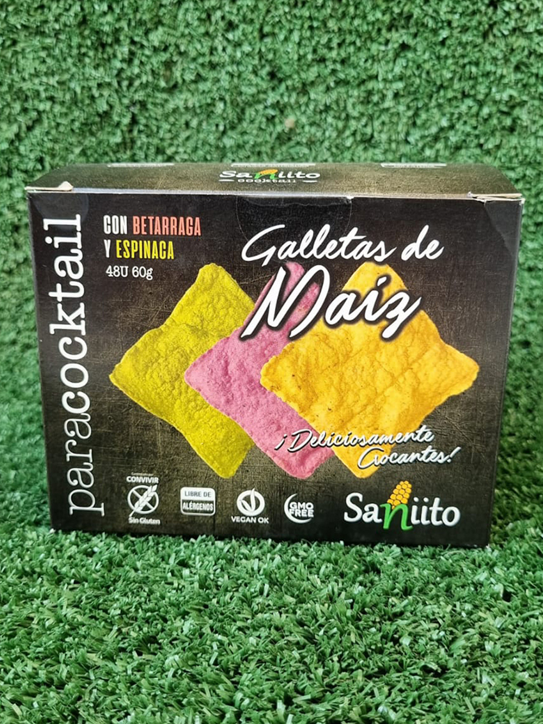 Galleta de maíz betarraga y espinaca. 60 grs. 48 unidades.